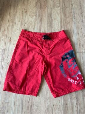 Diesel Red Swim Board Shorts with Black and White Graphic